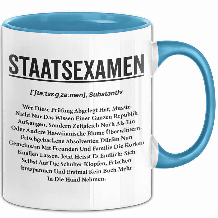 Prüfung Humor Tasse Geschenk Lustige Geschenkidee Spruch Staatsexamen Blau Trendation