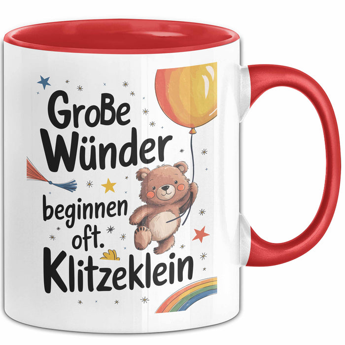 Baby Geburt Neue Eltern Tasse Geschenk Lustige Geschenkidee Spruch Große Wunder Beginnen Oft Klitzeklein Rot Trendation