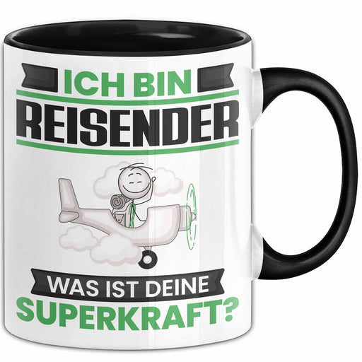 Reisender Tasse Geschenk für Reisender Geburtstag Lustiger Spruch Kaffee-Becher Was Ist Deine Superkraft Schwarz Trendation