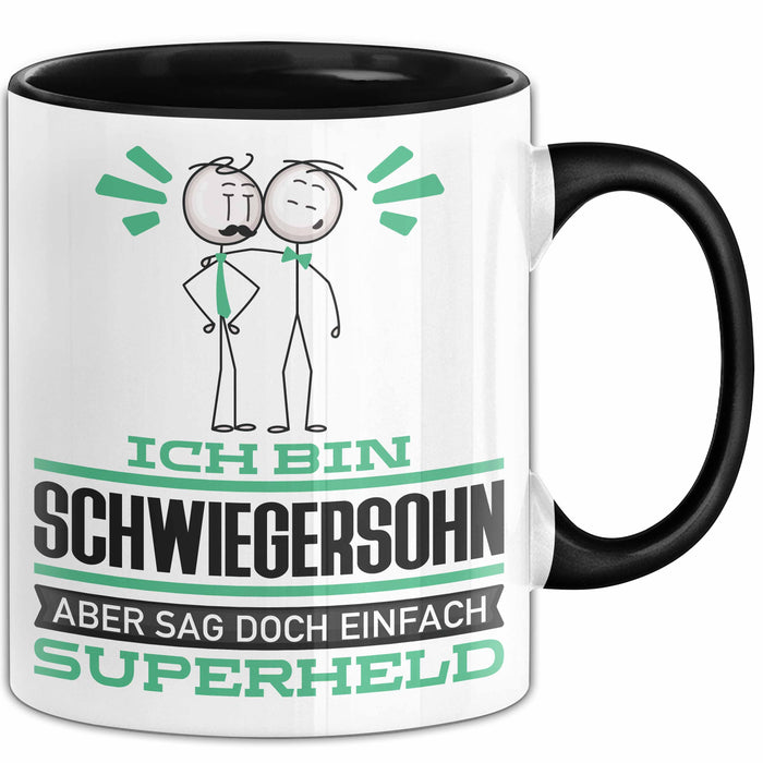 Schwiegersohn Geschenk Tasse Ich Bin Schwiegersohn Aber Sag Doch Einfach Superheld Lustige Geschenkdiee für Schwiegersohn Kaffee-Becher Schwarz Trendation