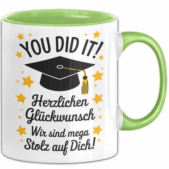 Schüler Abschluss Tasse Geschenk Lustige Geschenkidee Spruch Herzlichen Glückwünsche Grün Trendation