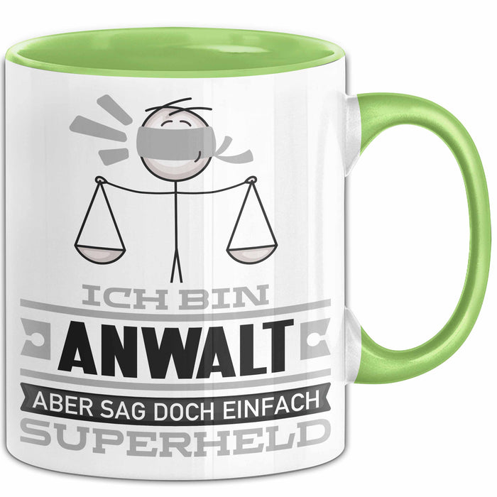 Anwalt Geschenk Tasse Ich Bin Anwalt Aber Sag Doch Einfach Superheld Lustige Geschenkdiee für Anwalt Kaffee-Becher Grün Trendation