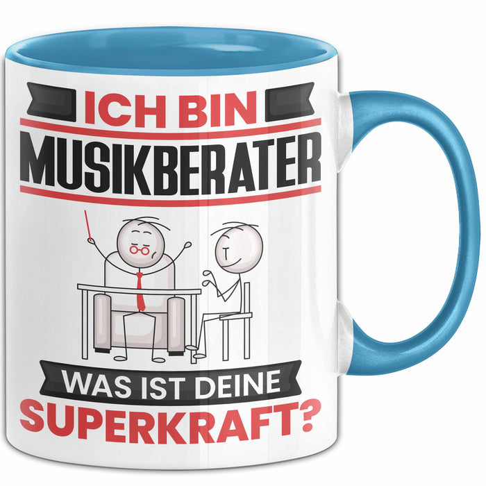 Musikberater Tasse Geschenk für Musikberater Geburtstag Lustiger Spruch Kaffee-Becher Was Ist Deine Superkraft Blau Trendation