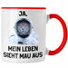 Dank Meme Tasse Katzen Besitzer Wortspiel Ja Mein Leben Sieht Mau Aus Traurige Katze Geschenkidee Süße Katze Astronaut Rot Trendation