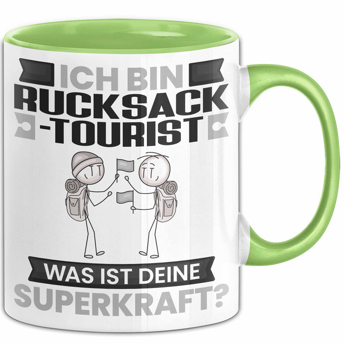 Rucksacktourist Tasse Geschenk für Rucksacktourist Geburtstag Lustiger Spruch Kaffee-Becher Was Ist Deine Superkraft Grün Trendation