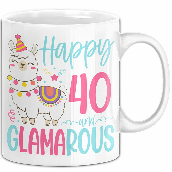 40er Geburtstag Tasse Geschenk Happy 40 And Glamarous Llama Alpaka Liebhaber Geschenkidee zum Geburtstag Weiß Trendation