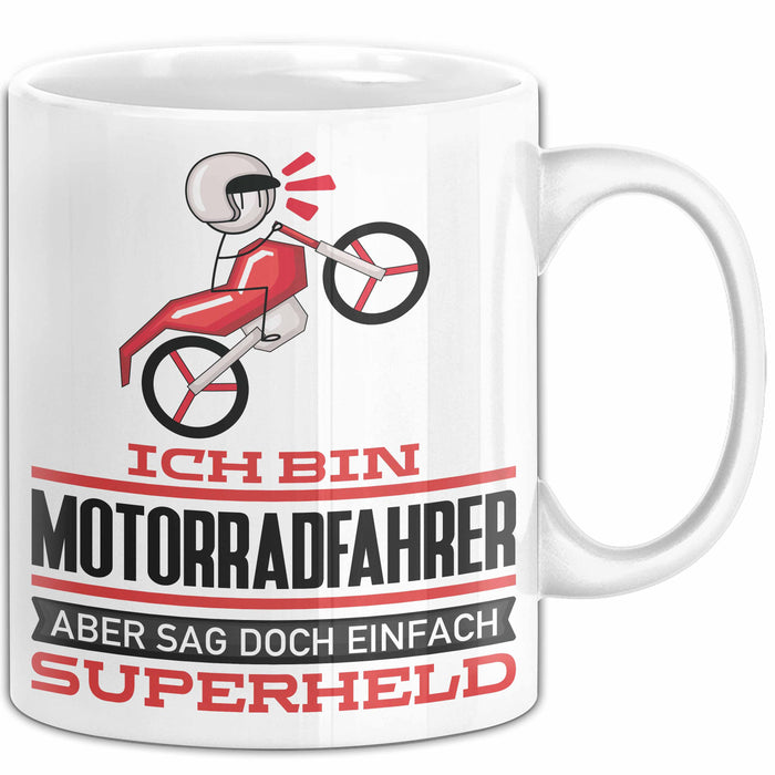 Motorradfahrer Geschenk Tasse Ich Bin Motorradfahrer Aber Sag Doch Einfach Superheld Lustige Geschenkdiee für Motorradfahrer Kaffee-Becher Weiß Trendation