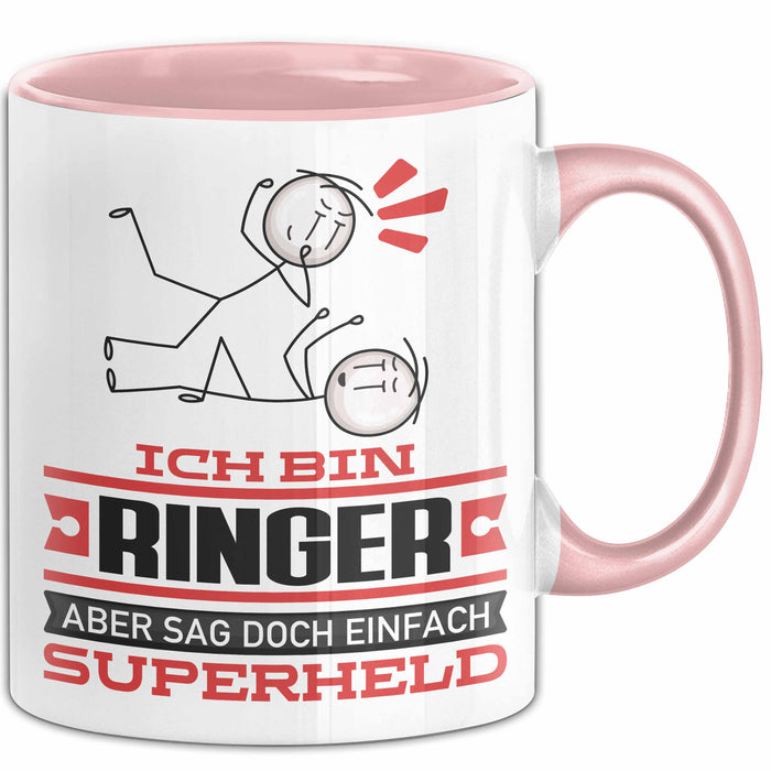 Ringer Geschenk Tasse Ich Bin Ringer Aber Sag Doch Einfach Superheld Lustige Geschenkdiee für Ringer Kaffee-Becher Rosa Trendation