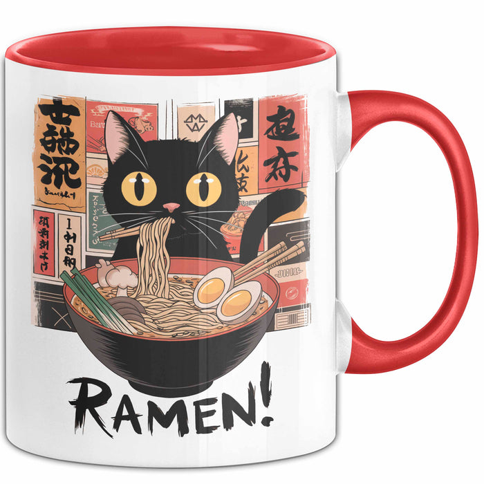 Katzen Tierliebhaber Tasse Geschenk Lustige Geschenkidee Spruch Katze Isst Ramen Nudeln Rot Trendation