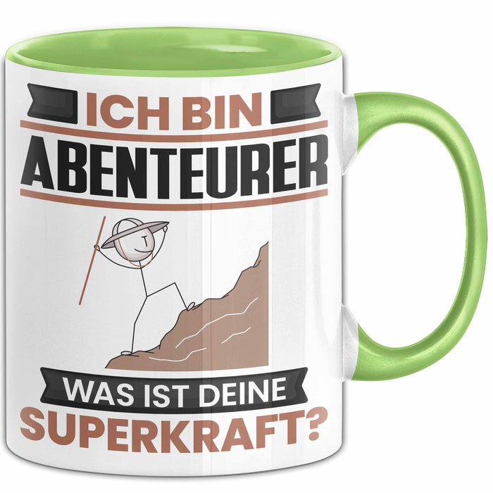 Abenteurer Tasse Geschenk für Abenteurer Geburtstag Lustiger Spruch Kaffee-Becher Was Ist Deine Superkraft Grün Trendation