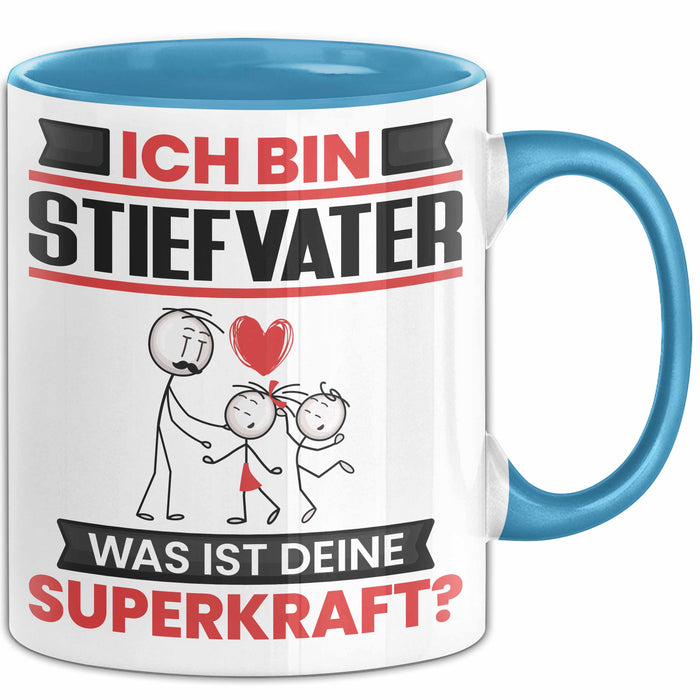 Stiefvater Tasse Geschenk für Stiefvater Geburtstag Lustiger Spruch Kaffee-Becher Was Ist Deine Superkraft Blau Trendation