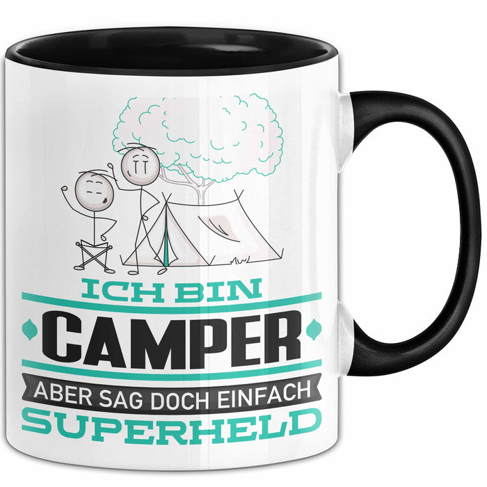 Camper Geschenk Tasse Ich Bin Camper Aber Sag Doch Einfach Superheld Lustige Geschenkdiee für Camper Kaffee-Becher Schwarz Trendation
