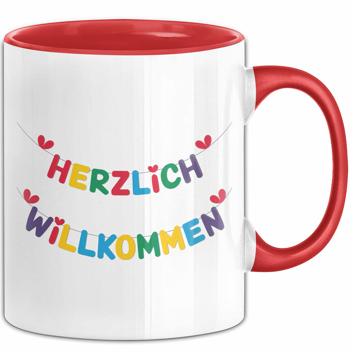 Willkommensparty Dekoration Tasse Geschenk Lustige Geschenkidee Spruch Herzlich Willkommen Rot Trendation