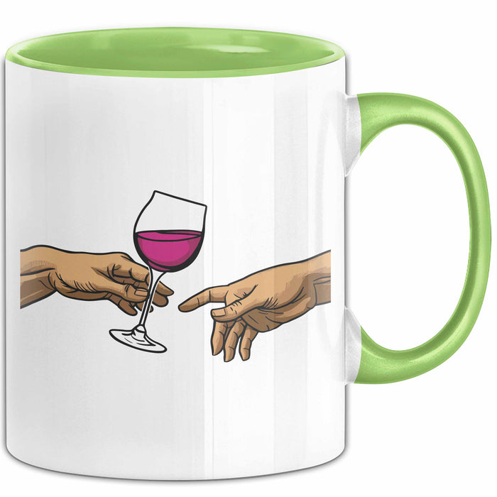 Weinliebhaber Tasse Geschenk Erschaffung Von Adam Kunst Geschenkidee 2 Hände Finger Rotwein Wein Liebhaber Grün Trendation