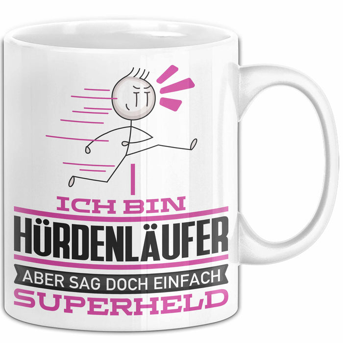 Hürdenläufer Geschenk Tasse Ich Bin Hürdenläufer Aber Sag Doch Einfach Superheld Lustige Geschenkdiee für Hürdenläufer Kaffee-Becher Weiß Trendation