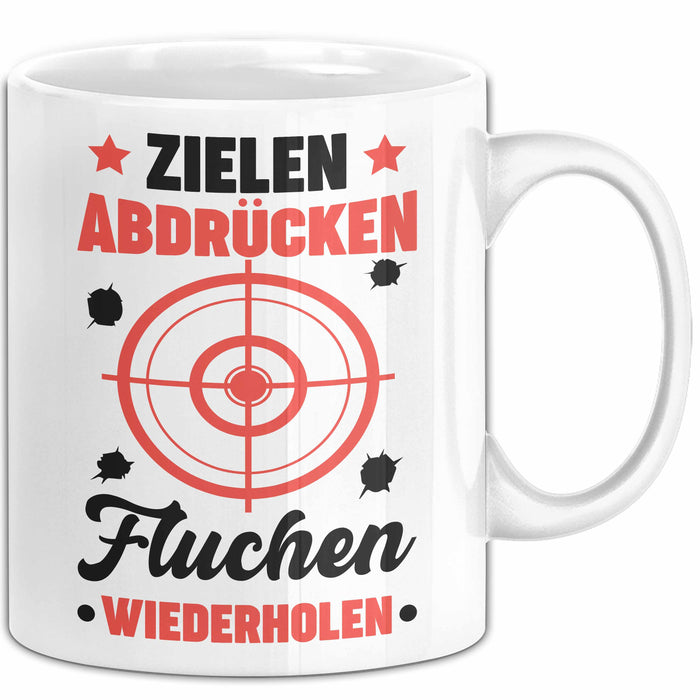 Sportschütze Tasse Geschenk Spruch Geschenkidee Geburtstag Zielen Abdrücken Fluchen Wiederholen Weiß Trendation