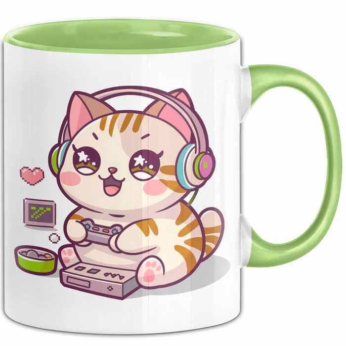 Katze Videospieler Tasse Geschenk Lustige Geschenkidee Grün Trendation