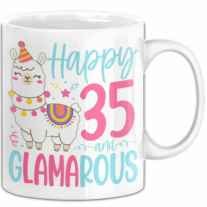 35er Geburtstag Tasse Geschenk Happy 35 And Glamarous Llama Alpaka Liebhaber Geschenkidee zum Geburtstag Weiß Trendation