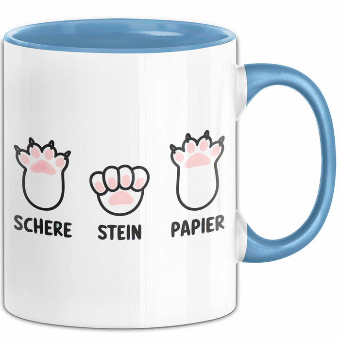 Katzen Tierliebhaber Tasse Geschenk Lustige Geschenkidee Spruch Schere Stein Papier Blau Trendation