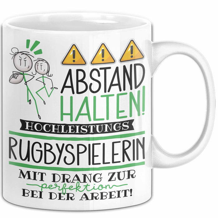 Rugbyspielerin Tasse Geschenk Lustig Abstand Halten Hochleistungs-Rugbyspielerin Mit Drang Zur Perfektion Bei Der Arbeit Weiß Trendation