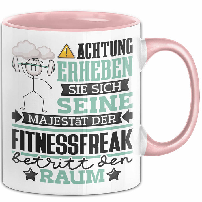 Fitnessfreak Geschenk Tasse Lustiger Spruch Erheben Sie Sich Der Fitnessfreak Betritt den Raum Rosa Trendation