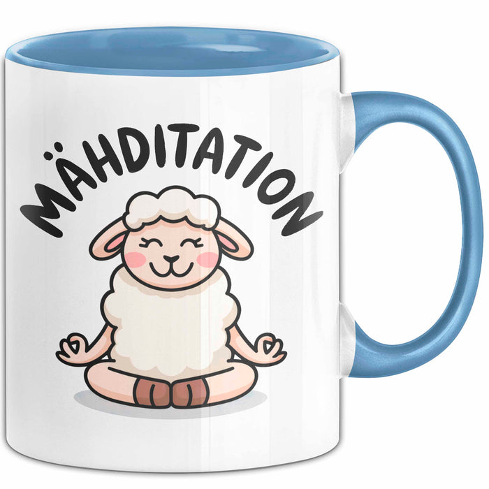 Schaf Tier Bauer Tasse Becher Geschenk Lustige Geschenkidee Spruch Mahditation Blau Trendation