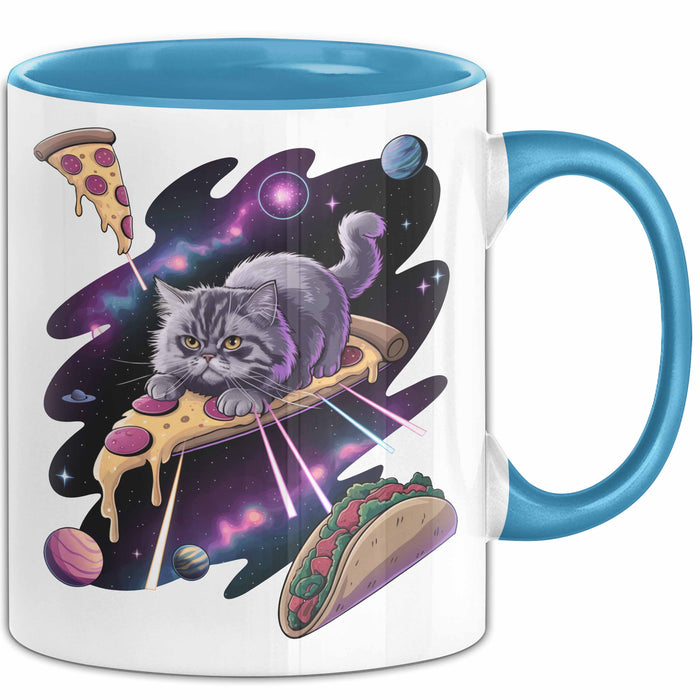 Pizzaesser Tasse Geschenk Katze isst Pizza im Weltall Lustig Blau Trendation