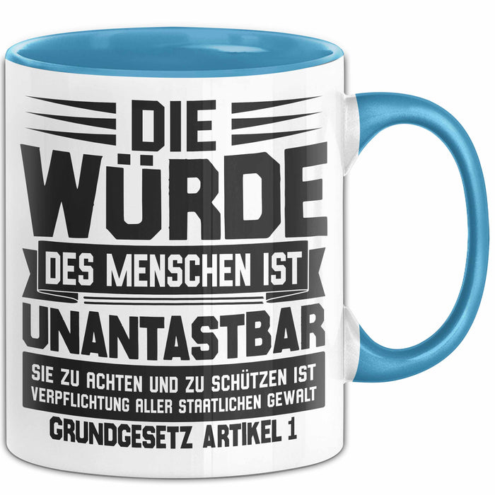 Jura Tasse Geschenk Die Würde Des Menschen Ist Unantastbar Geschenkidee Jurist Juristin Anwalt Becher Blau Trendation