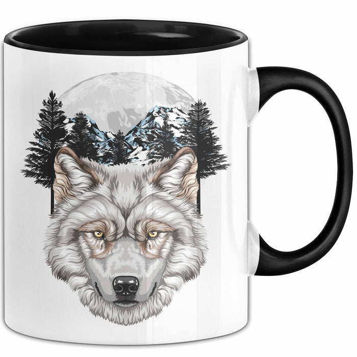 Wolf Tasse Geschenk Realistisch Berglandschaft Vollmond Geschenkidee Schwarz Trendation