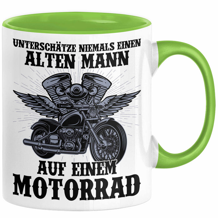 Motorradfahrer Geschenk Tasse Kaffee-Becher Motorrad Spruch Unterschätze Niemals Einen Alten Mann Auf Einem Motorrad Spruch Männer Grün Trendation