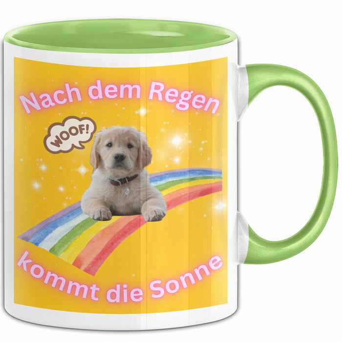 Meme Tasse Geschenk Lustiger Becher Hund Nach Dem Regen Kommt Die Sonne Grün Trendation