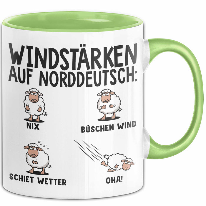 Schaf Tier Bauer Norddeutschland Tasse Becher Geschenk Lustige Geschenkidee Spruch Windstärken Auf Norddeutsch Grün Trendation