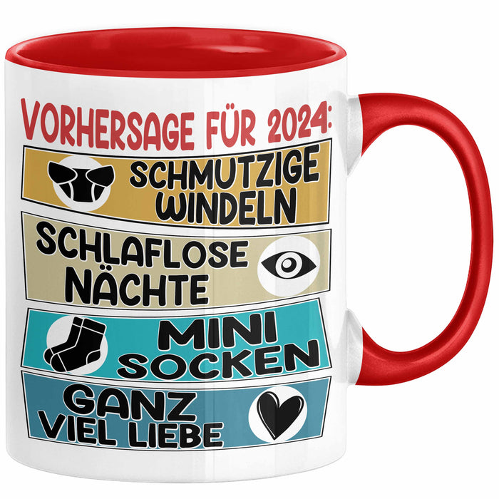 Schwangerschaft Verkünden 2025 Tasse Geschenk Mann Vorhersage für 2025 Schmutzige Windeln Schlaflose Nächte Kaffee-Becher Rot Trendation