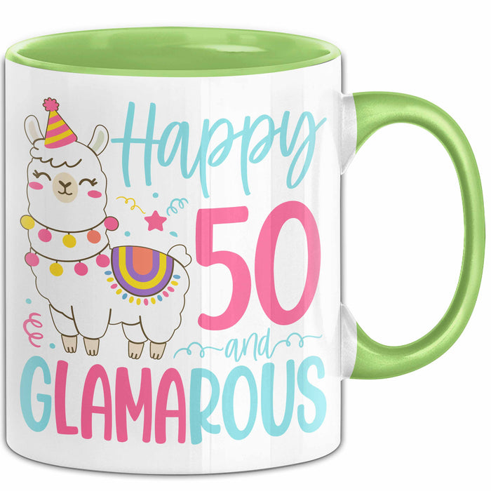 50er Geburtstag Tasse Geschenk Happy 50 And Glamarous Llama Alpaka Liebhaber Geschenkidee zum Geburtstag Grün Trendation