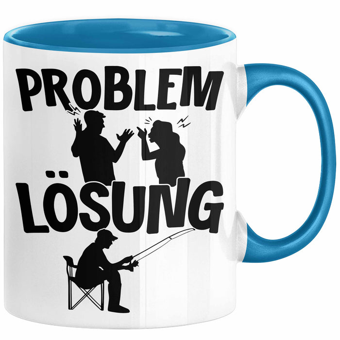 Angler Tasse Geschenk für Fischer Angler Männer Geschenkidee Problem und Lösung Angeln Spruch Blau Trendation