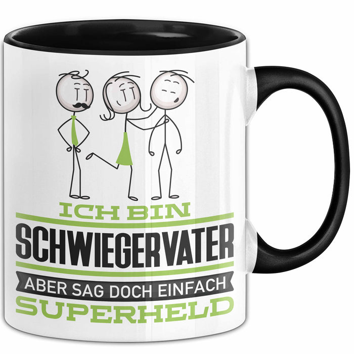 Schwiegervater Geschenk Tasse Ich Bin Schwiegervater Aber Sag Doch Einfach Superheld Lustige Geschenkdiee für Schwiegervater Kaffee-Becher Schwarz Trendation
