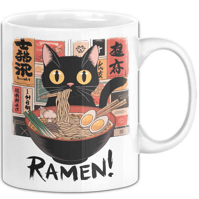 Katzen Tierliebhaber Tasse Geschenk Lustige Geschenkidee Spruch Katze Isst Ramen Nudeln Weiß Trendation