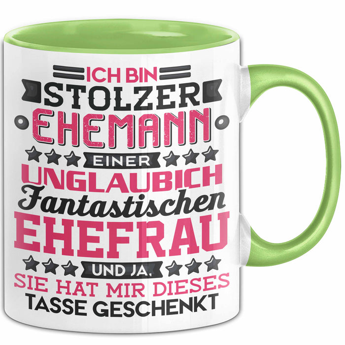 Lustige Tasse Geschenk Stolzer Ehemann Fantastischer Ehefrau Spruch Grün Trendation