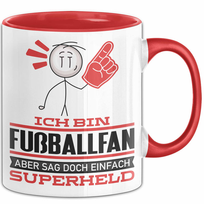 Fußballfan Geschenk Tasse Ich Bin Fußballfan Aber Sag Doch Einfach Superheld Lustige Geschenkdiee für Fußballfan Kaffee-Becher Rot Trendation