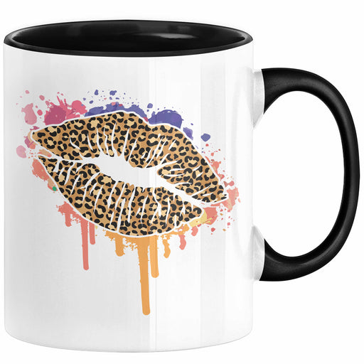 Leoparden Lippen Tasse Geschenk Cool Lips Kiss Leopardenmuster Kaffee-Tasse Geschenkidee Schwarz Trendation