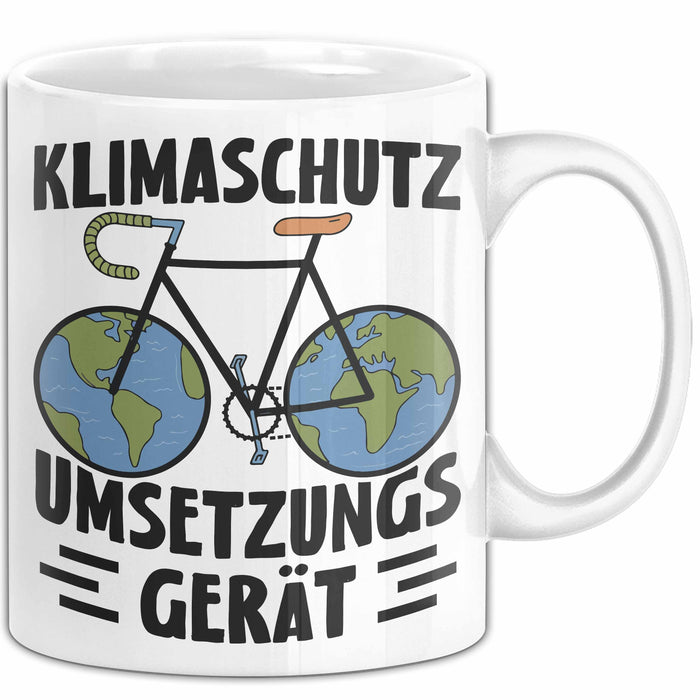 Fahrradfahrer Tasse Geschenk Klimaschutz Umsetzungsgerät Geschenkidee Umweltschutz Klimafreundlich Becher Weiß Trendation