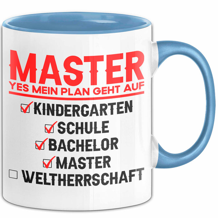 Master Absolvent Abschluss Tasse Geschenk Lustige Geschenkidee Spruch Master Yes Mein Plan Geht Auf Blau Trendation