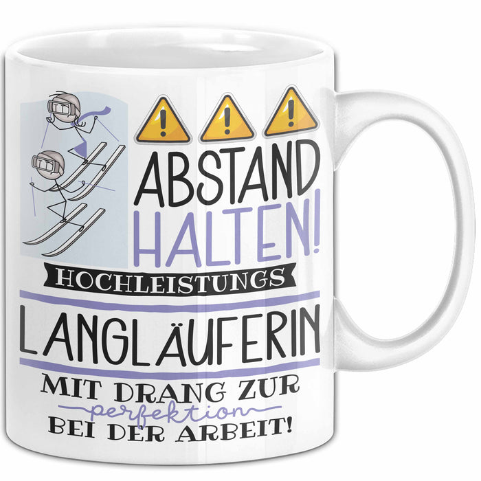 Langläuferin Tasse Geschenk Lustig Abstand Halten Hochleistungs-Langläuferin Mit Drang Zur Perfektion Bei Der Arbeit Weiß Trendation