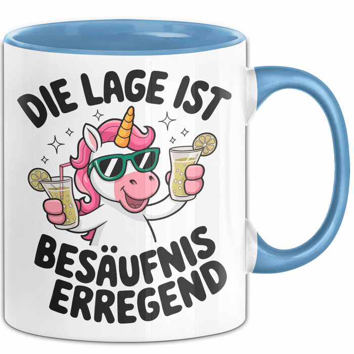 Einhorn Trinken Liebhaber Sarkasmus Tasse Becher Geschenk Lustige Geschenkidee Spruch Die Lage Ist Besäufniserregend Blau Trendation