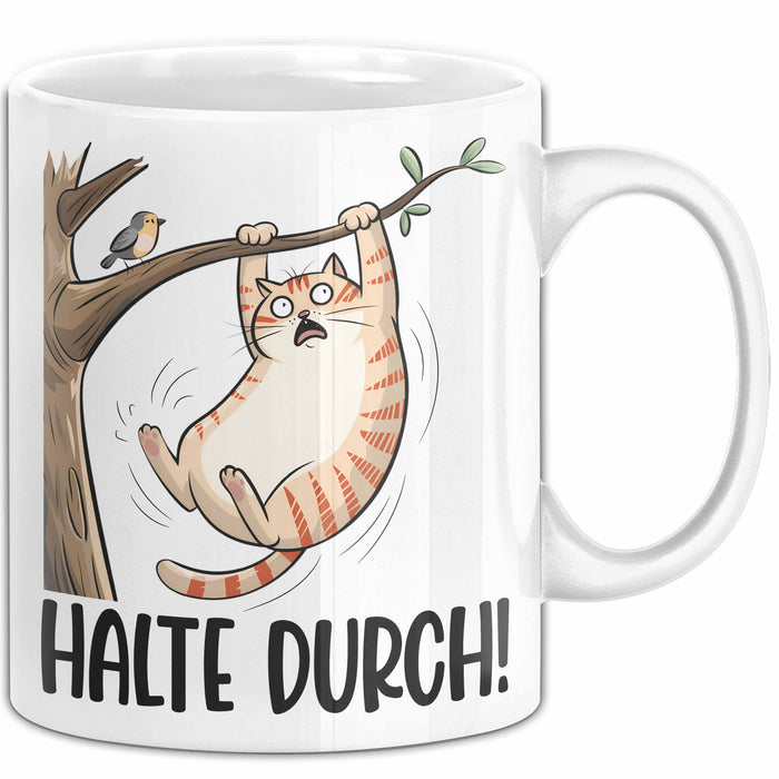 Katze Spatz Tasse Geschenk Grafik Halte Durch Geschenkidee Kaffee-Becher Weiß Trendation