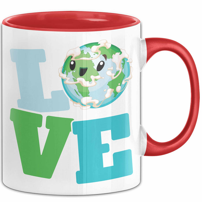Erde Tasse Geschenk LOVE Schriftzug Lächelnde Erde Geschenkidee Rot Trendation