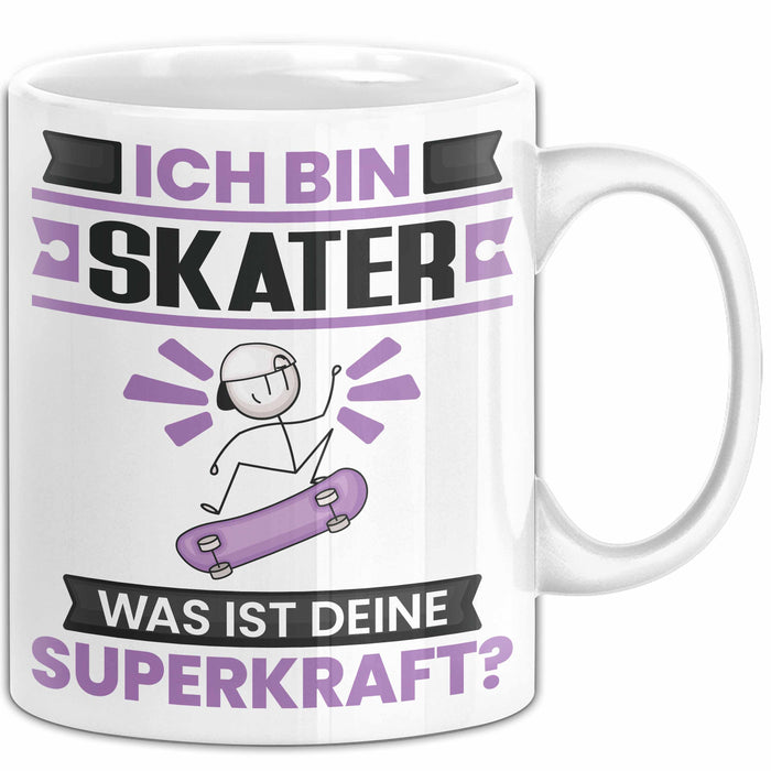 Skater Tasse Geschenk für Skater Geburtstag Lustiger Spruch Kaffee-Becher Was Ist Deine Superkraft Weiß Trendation