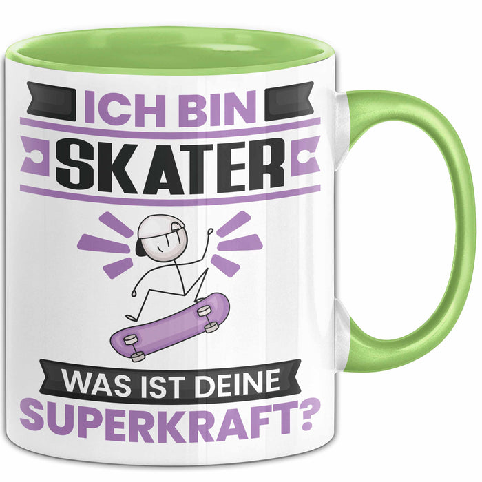 Skater Tasse Geschenk für Skater Geburtstag Lustiger Spruch Kaffee-Becher Was Ist Deine Superkraft Grün Trendation
