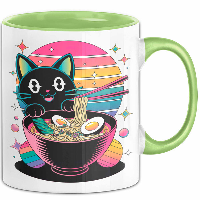 Katzen Tierliebhaber Tasse Geschenk Lustige Geschenkidee Spruch Katze Isst Ramen Nudeln Grün Trendation