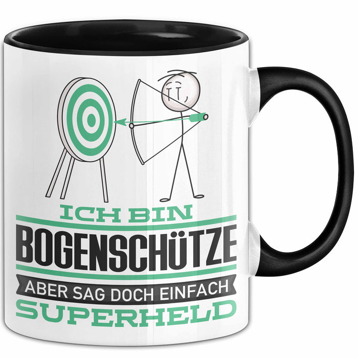Bogenschütze Geschenk Tasse Ich Bin Bogenschütze Aber Sag Doch Einfach Superheld Lustige Geschenkdiee für Bogenschütze Kaffee-Becher Schwarz Trendation